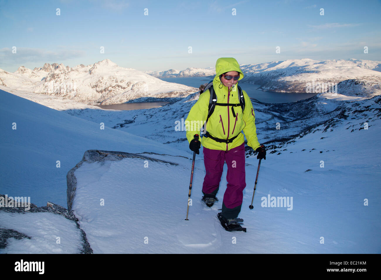 Gli escursionisti con racchette da neve su Durmalstinden, Kvaloya, Tromso, Troms, Norvegia Foto Stock