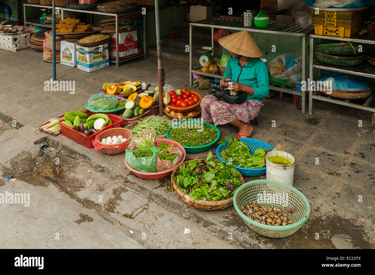 Venditore vegetali nel vecchio quartiere, Hoi An, Vietnam Foto Stock