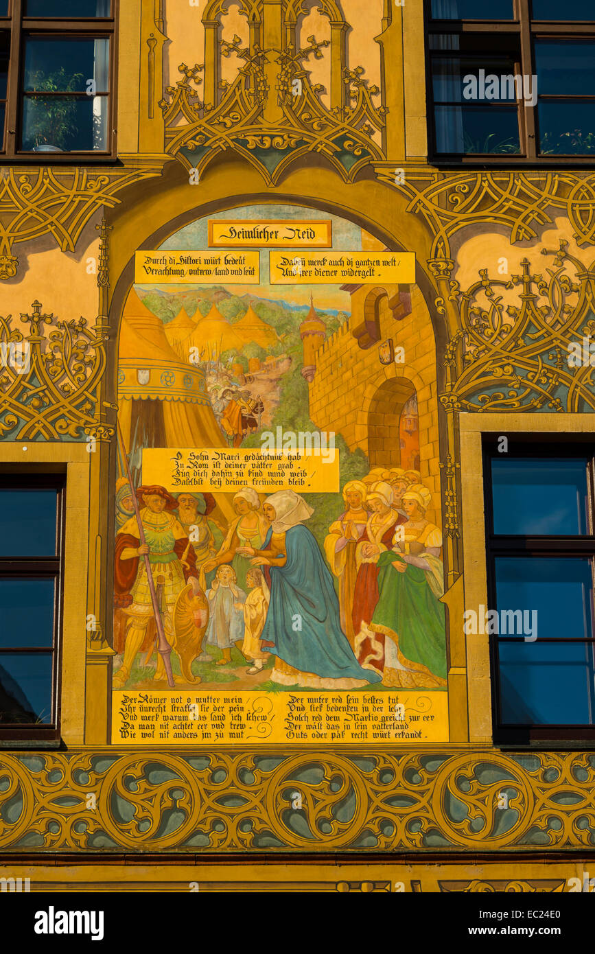 Secret invidia, murale, affreschi del XVI secolo, Ulmer town hall, Ulm, Giura Svevo, Baden-Württemberg, Germania Foto Stock