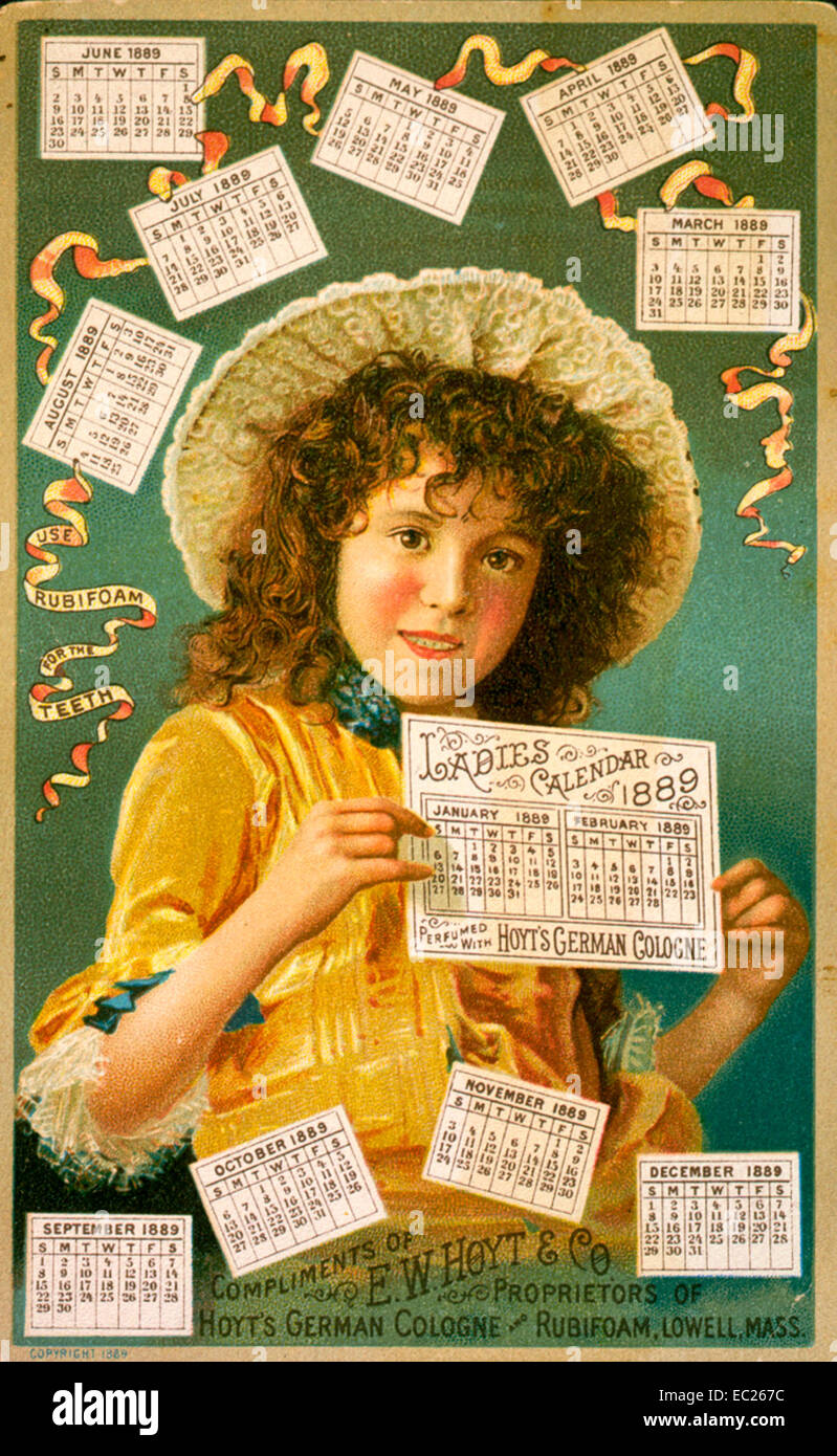 Pubblicità per Hoyt tedesco della colonia e Rubifoam per i denti, entrambi fabbricati da E.W. Hoyt & Co., Lowell Massachusetts, illustrata con la ragazza e colleghe Calendario per il 1889 Foto Stock