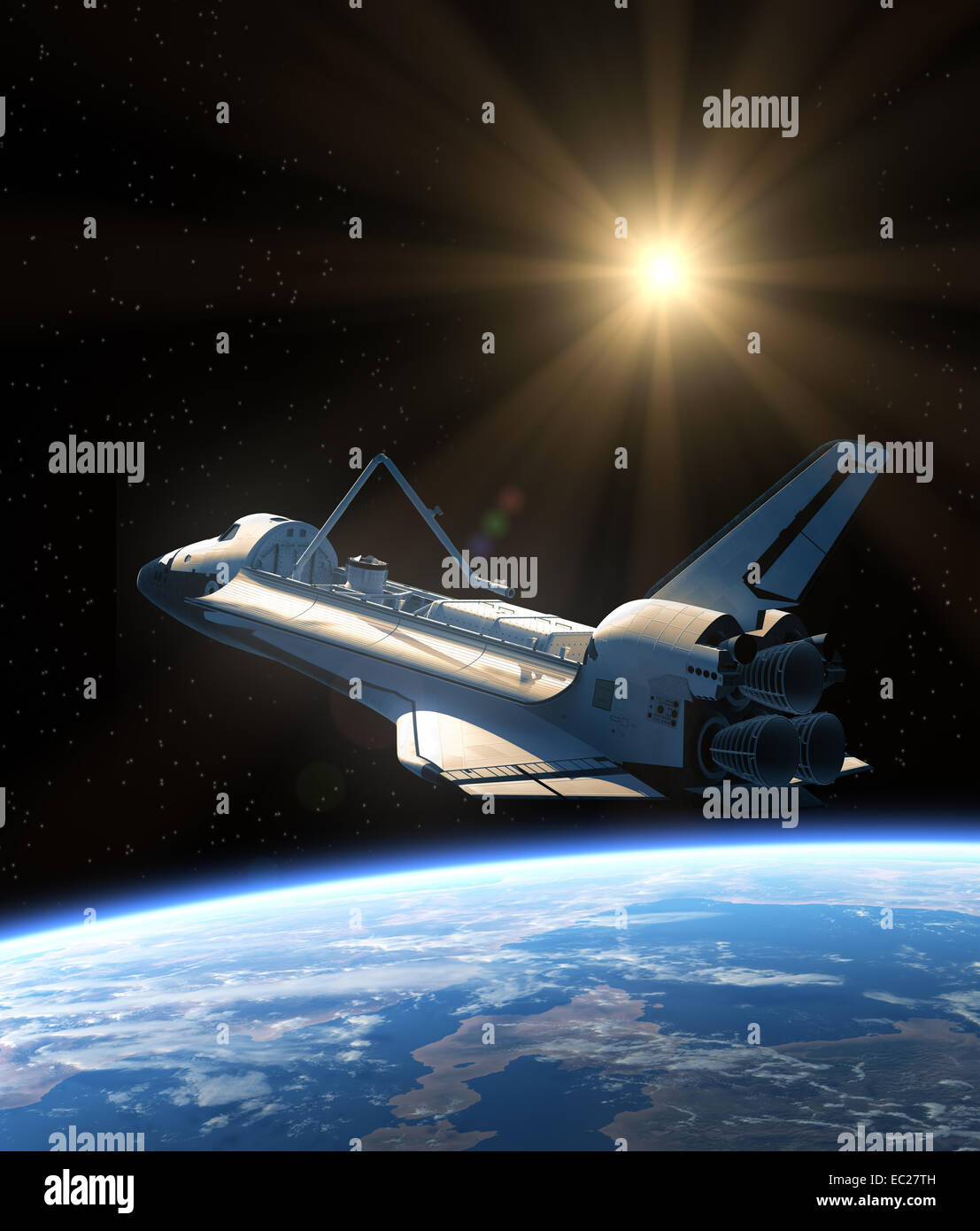 Una navetta spaziale in orbita attorno alla terra. Realistiche scene 3D. Foto Stock