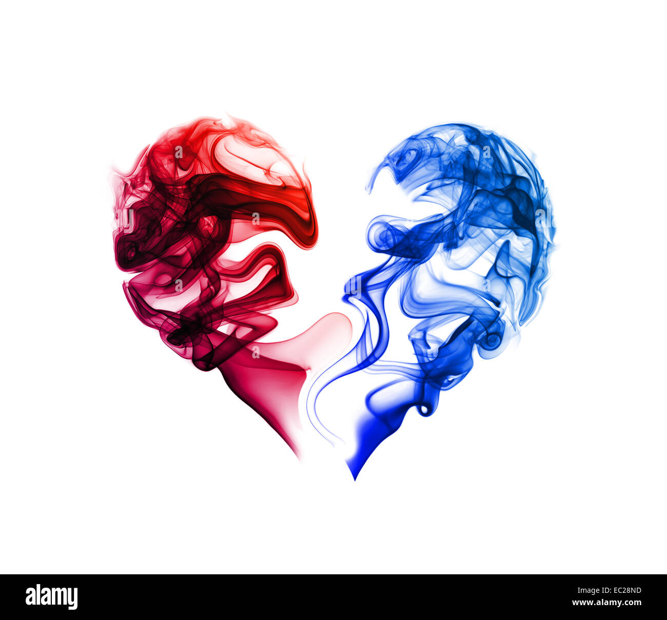 Abstract di rosso e di blu cuore del fumo su uno sfondo bianco. Foto Stock