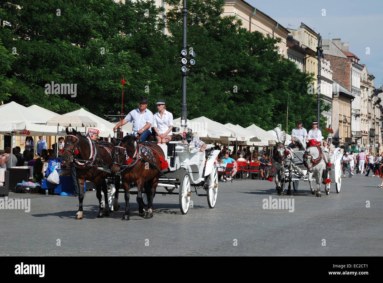 Carrozza a cavallo sul principale mercato di Cracovia in Polonia. Foto Stock