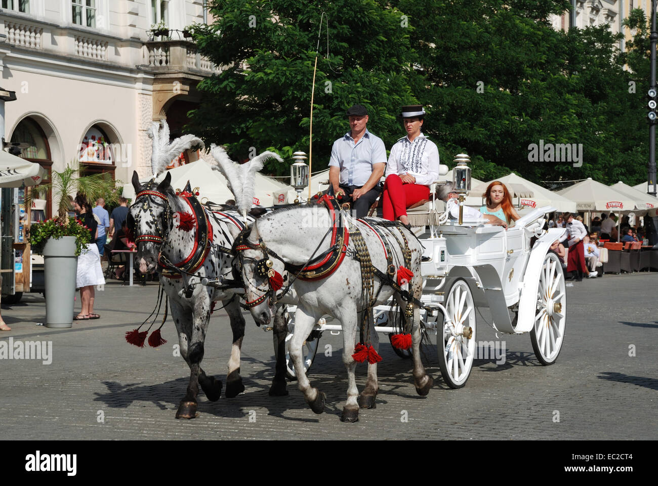 Carrozza a cavallo sul principale mercato di Cracovia in Polonia. Foto Stock