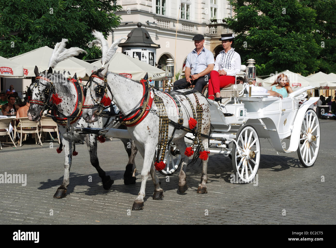 Carrozza a cavallo sul principale mercato di Cracovia in Polonia. Foto Stock