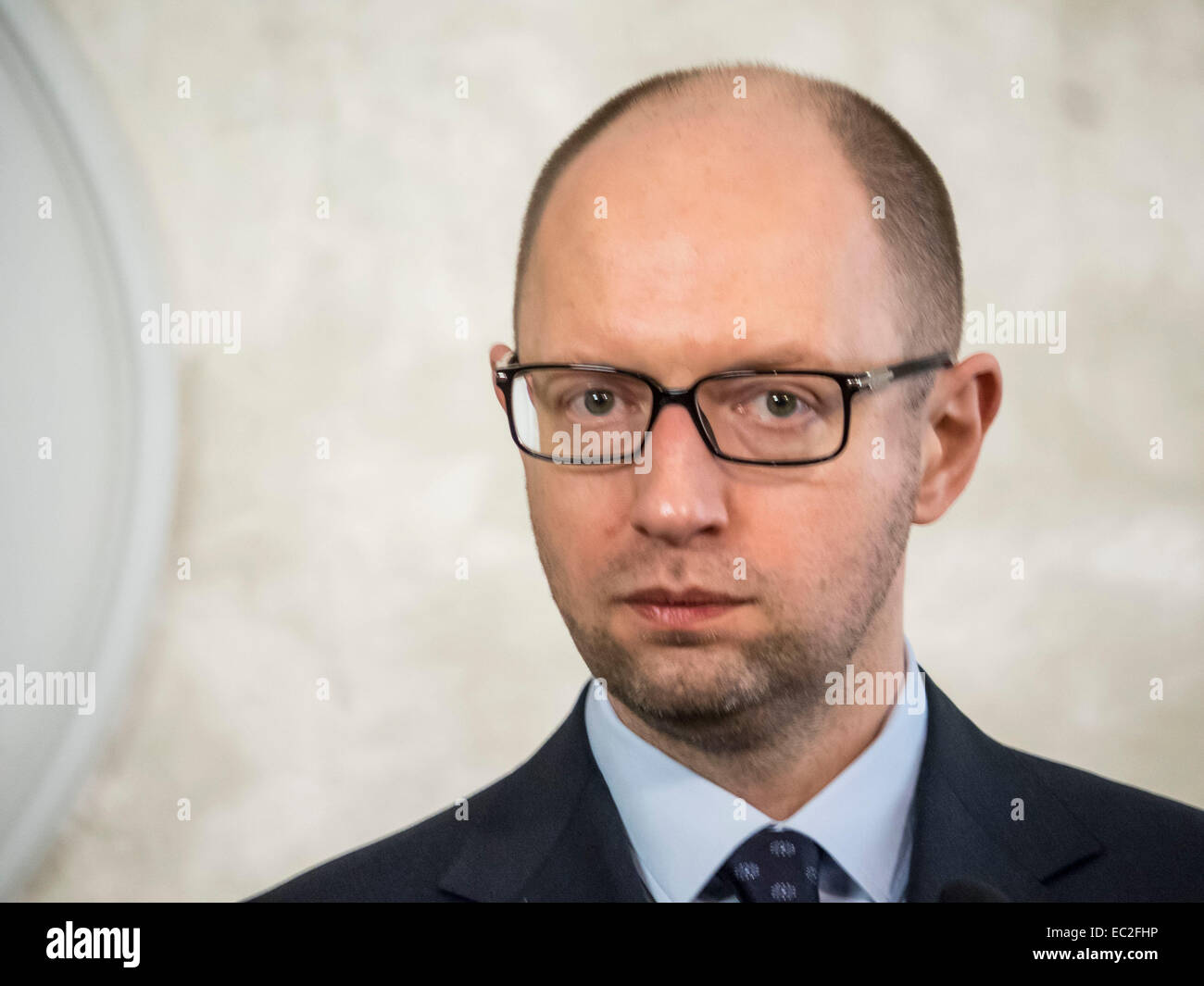 Kiev, Ucraina. 08 dic 2014. Il primo ministro Yatsenyuk -- In Lunedi, 8 dicembre 2014, primo ministro Yatsenyuk si è incontrato con il Vice Primo Ministro e Ministro degli Affari esteri del Regno del Belgio Didier REYNDERS. Ministro degli esteri belga ha assicurato il capo del governo ucraino in un alto livello di fiducia nel nuovo gabinetto e la Verkhovna Rada. Credito: Igor Golovnov/Alamy Live News Foto Stock
