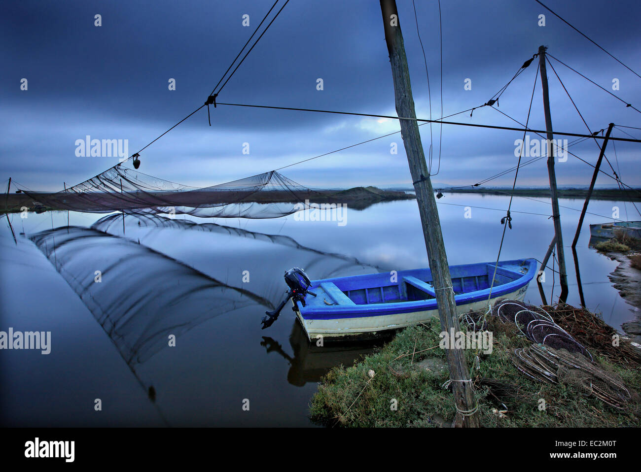 'Daliani' (il modo tradizionale di pesca) al delta del fiume Aliakmon, Pieria - Imathia, Macedonia, Grecia. Foto Stock