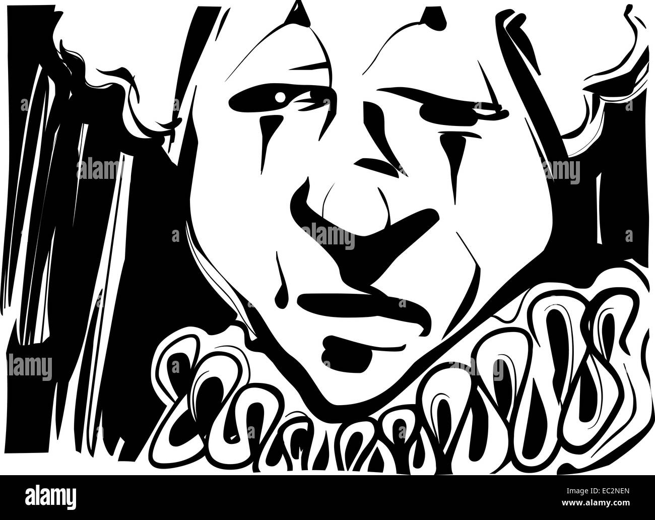 In bianco e nero disegno illustrativo di Sad Clown faccia Foto Stock