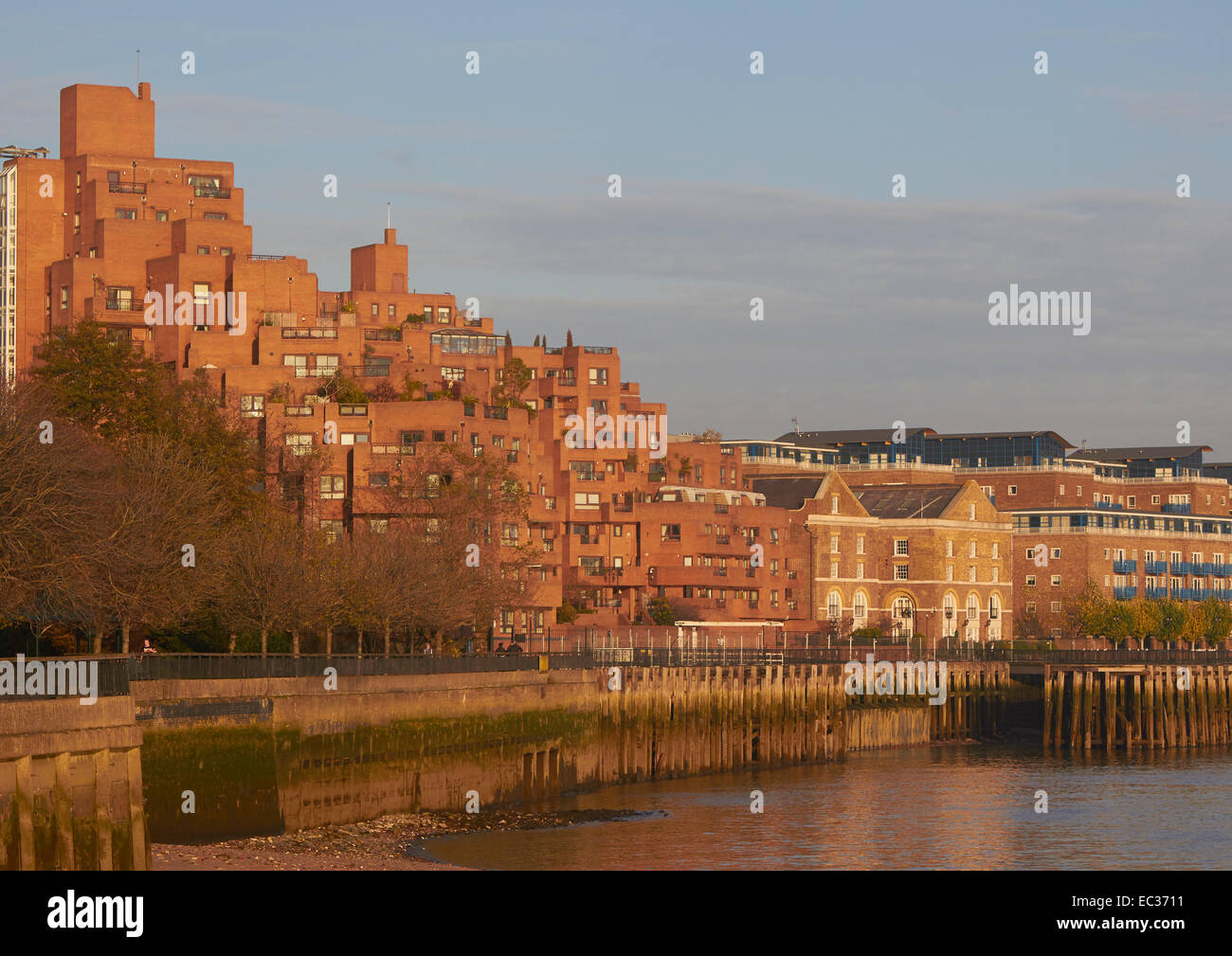 Lussuosi appartamenti upcross bagliore dorato nella luce del tramonto Limehouse est Londra Inghilterra Europa Foto Stock