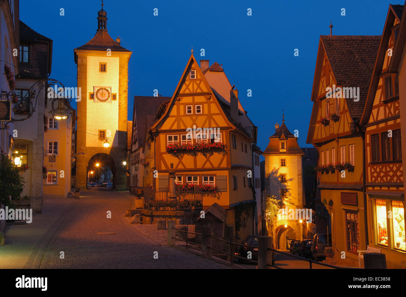 Ploenlein angolo, Siebersturm e Kobolzeller Tor torri, Rothenburg ob der Tauber, Romantische Strasse, la Strada Romantica Foto Stock