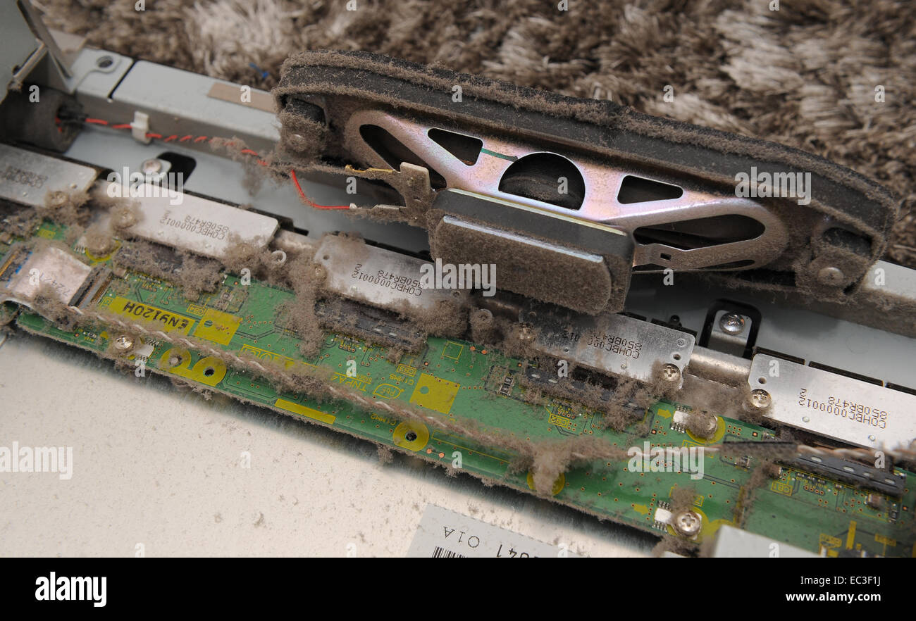 Accumulo di polvere all'interno di apparecchiature elettroniche che mostra degli altoparlanti e scheda di circuito Foto Stock