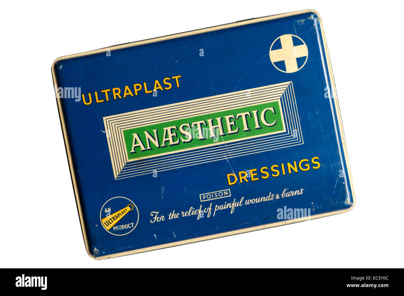 Un vecchio stagno di anestetico Ultraplast medicazioni per il rilievo delle dolorose ferite e ustioni. Foto Stock