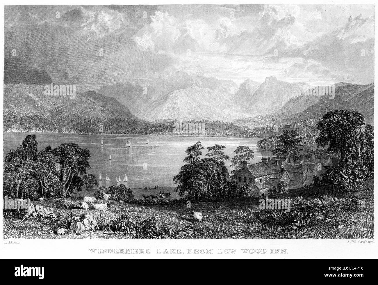 Un'incisione intitolata "Windermere Lake from Low Wood Inn" scansionata ad alta risoluzione da un libro pubblicato nel 1834. Credevo libero da copyright. Foto Stock