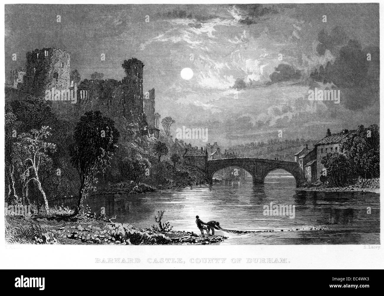 Una incisione intitolata "Barnard Castle, nella contea di Durham' scansionati ad alta risoluzione da un libro pubblicato nel 1834. Foto Stock