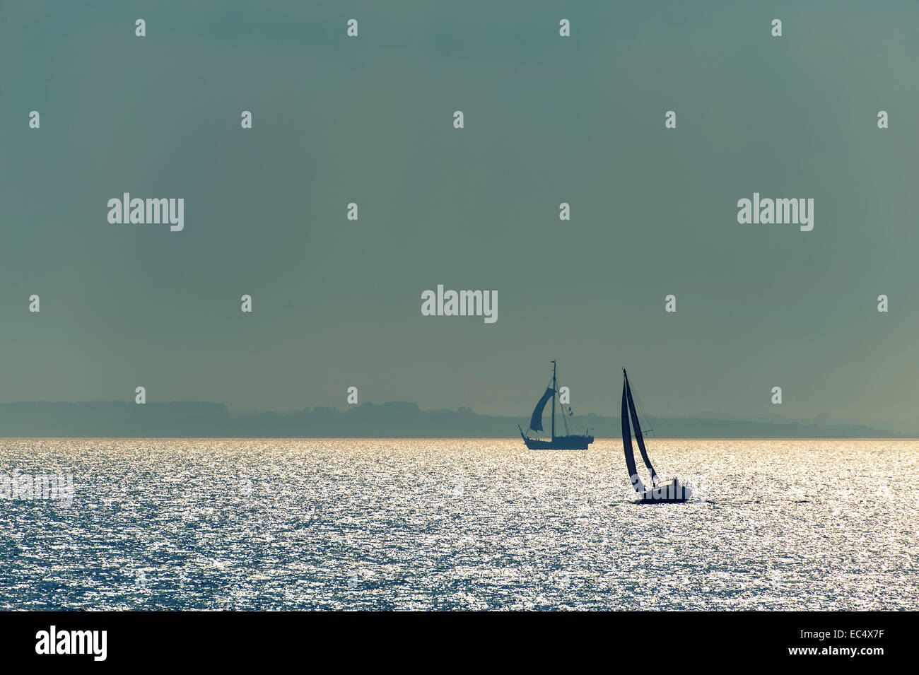 Un moderno yacht a vela e una storica cog in luce posteriore Foto Stock