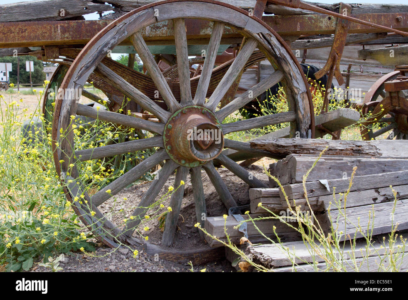 Vecchio appoggiate sul telaio del carro sul display in un campo di Los Alamos, California, Stati Uniti d'America in luglio Foto Stock