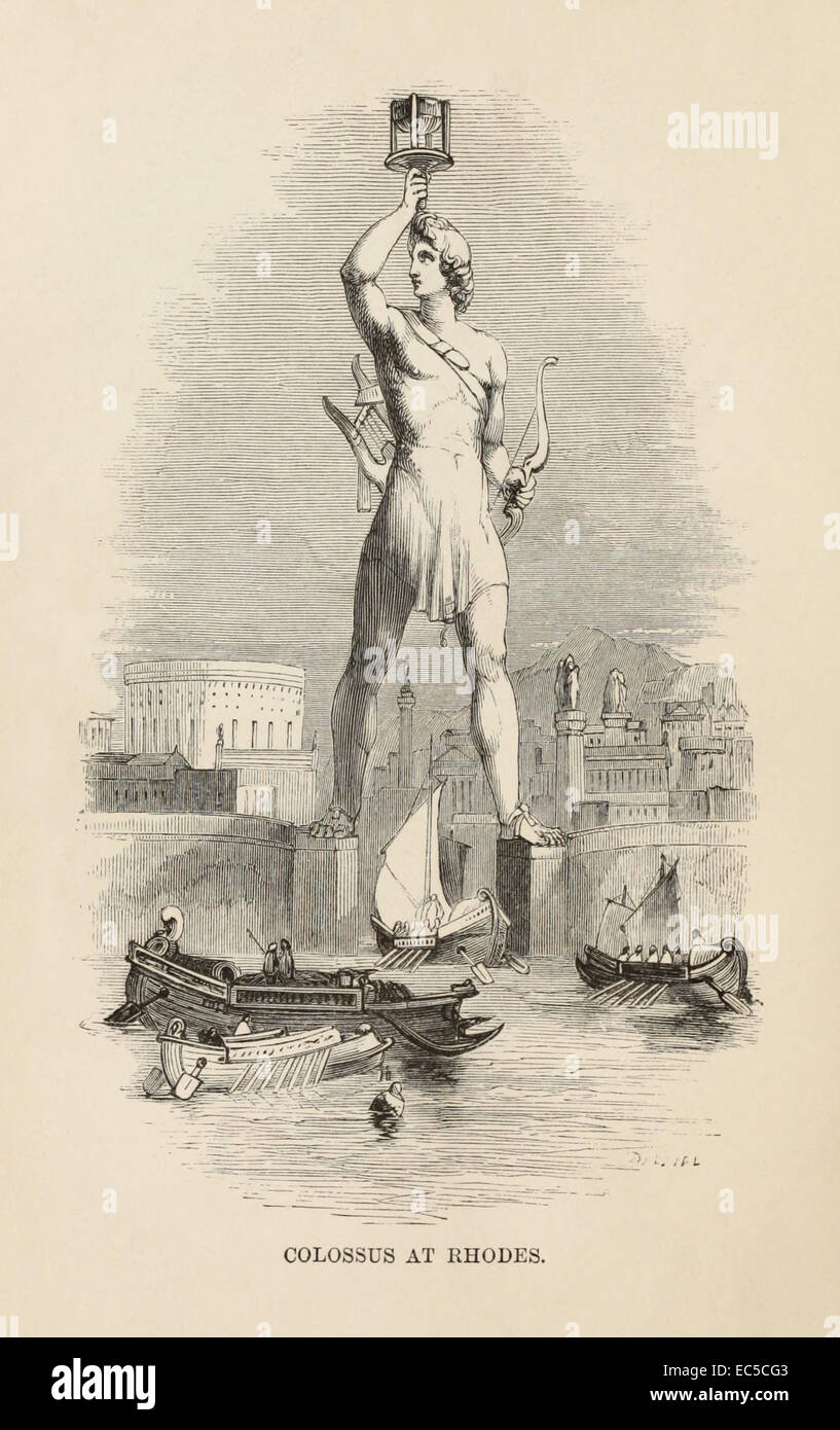 Il Colosso di Rodi, una delle sette meraviglie del mondo antico, illustrazione di William Harvey (1796-1866). Vedere la descrizione per maggiori informazioni. Foto Stock