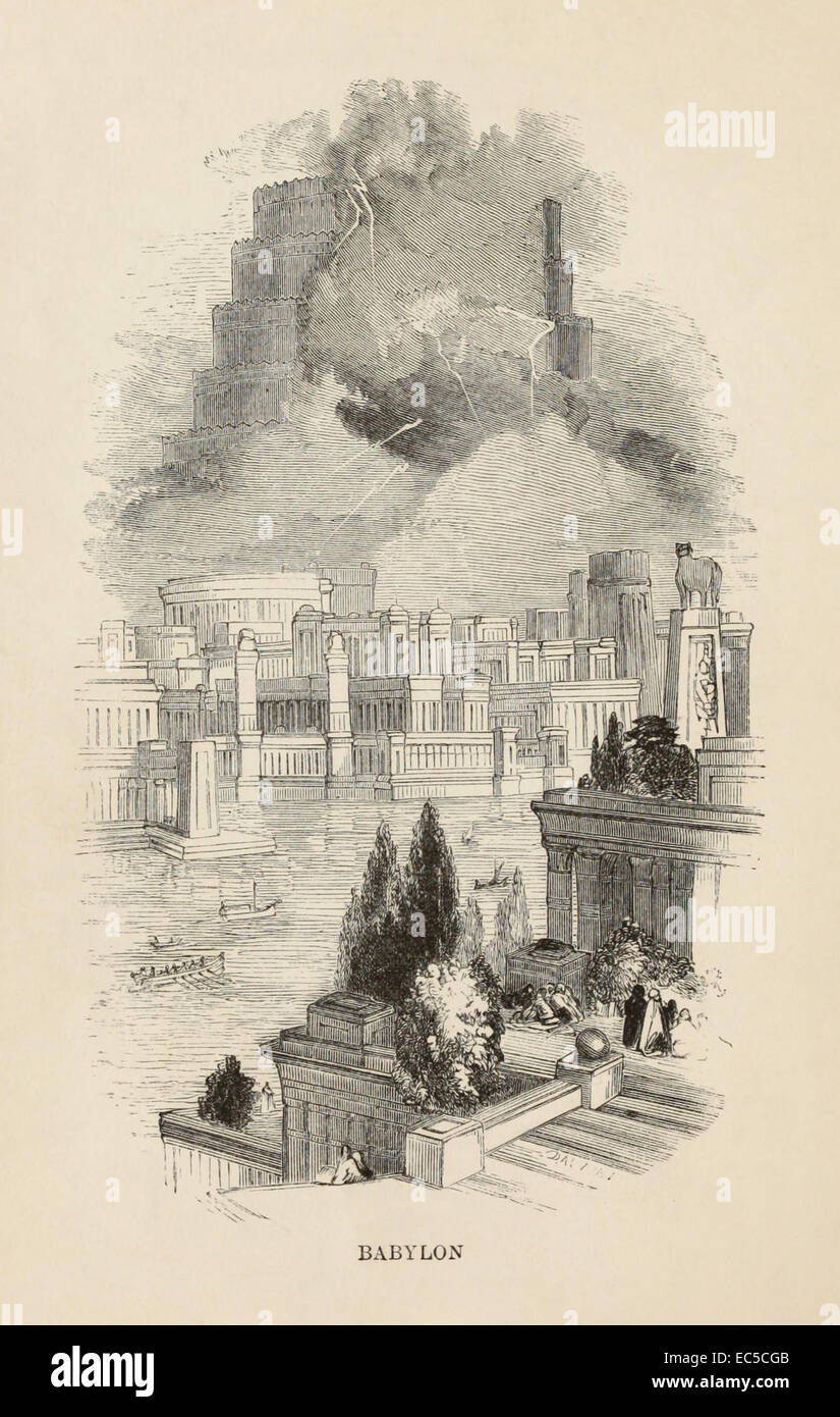 Giardini pensili di Babilonia, una delle sette meraviglie del mondo antico, illustrazione di William Harvey. Vedere la descrizione per maggiori informazioni. Foto Stock