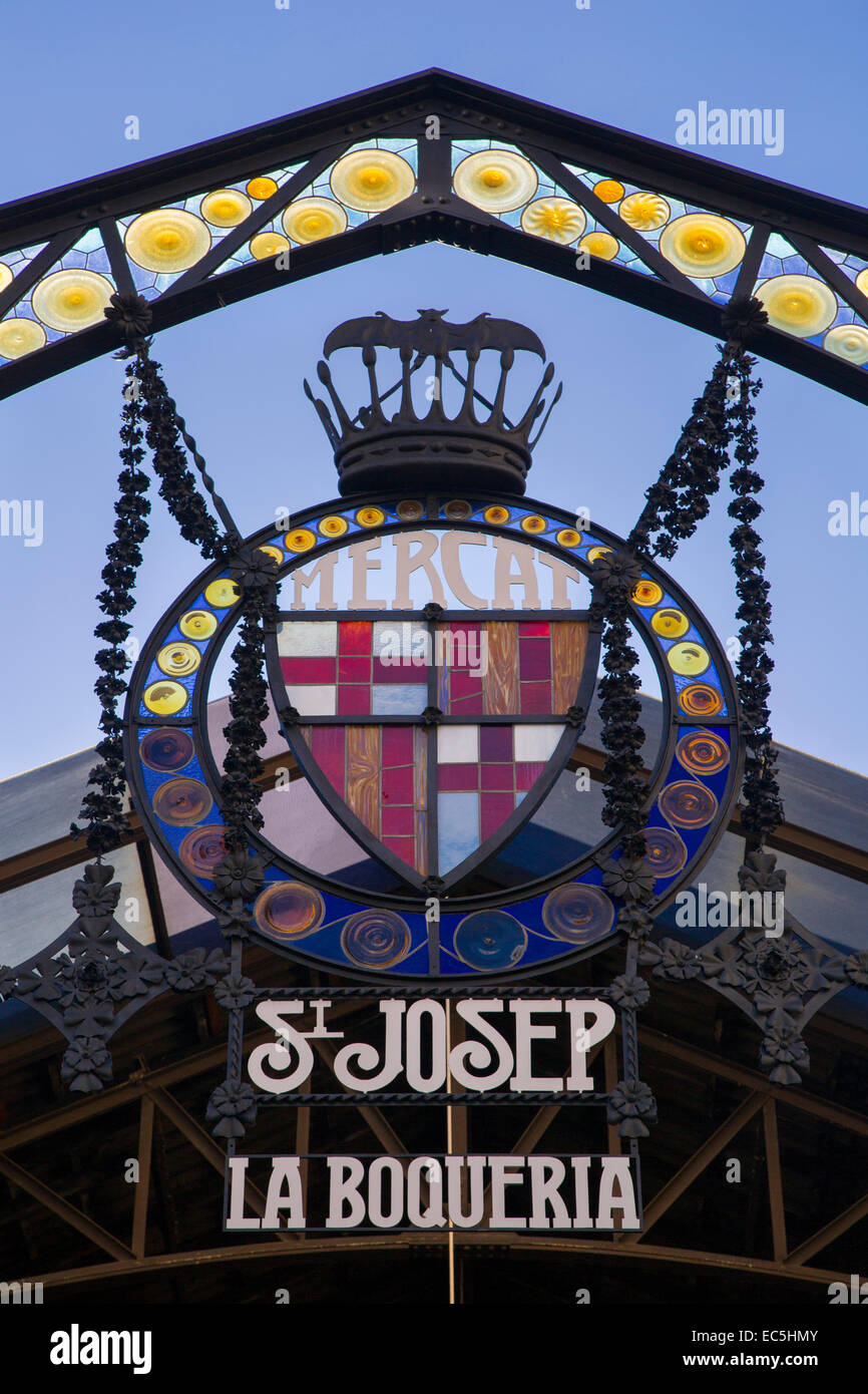Entrata segno di Sant Josep Mercat, La Boqueria, Barcellona, in Catalogna, Spagna Foto Stock