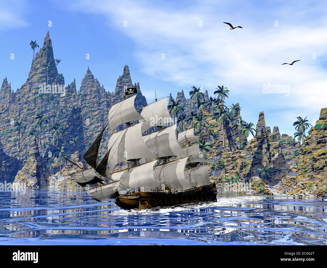 La nave dei pirati accanto alla mano a una splendida giornata con i gabbiani Foto Stock