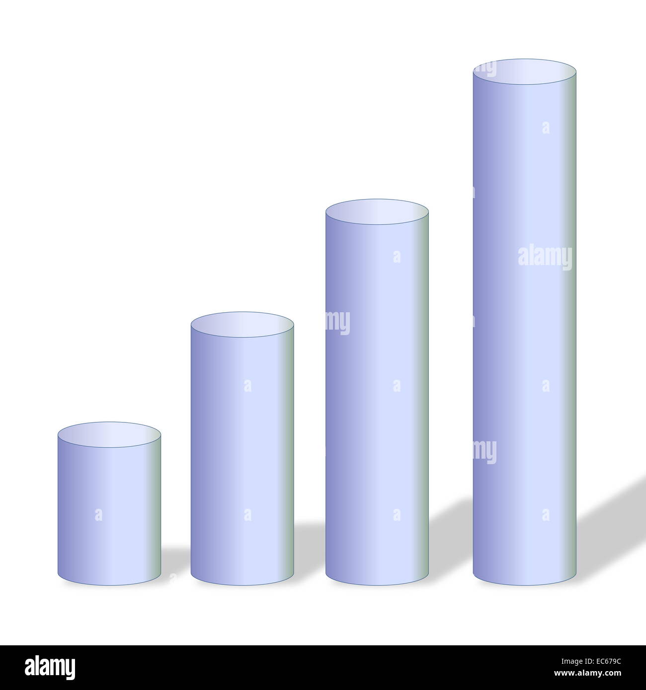 Quattro cilindri grigio da piccole a grandi in uno sfondo bianco Foto Stock