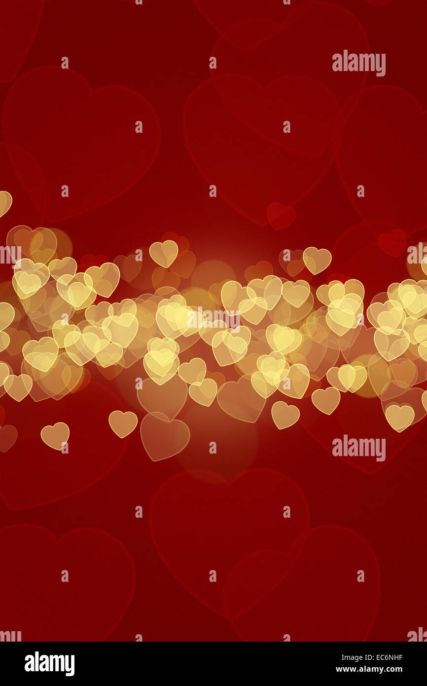 Un bellissimo romantico San Valentino Sfondo e biglietto di auguri. Una illustrazione colorata con bokeh e romantico cuori. Foto Stock