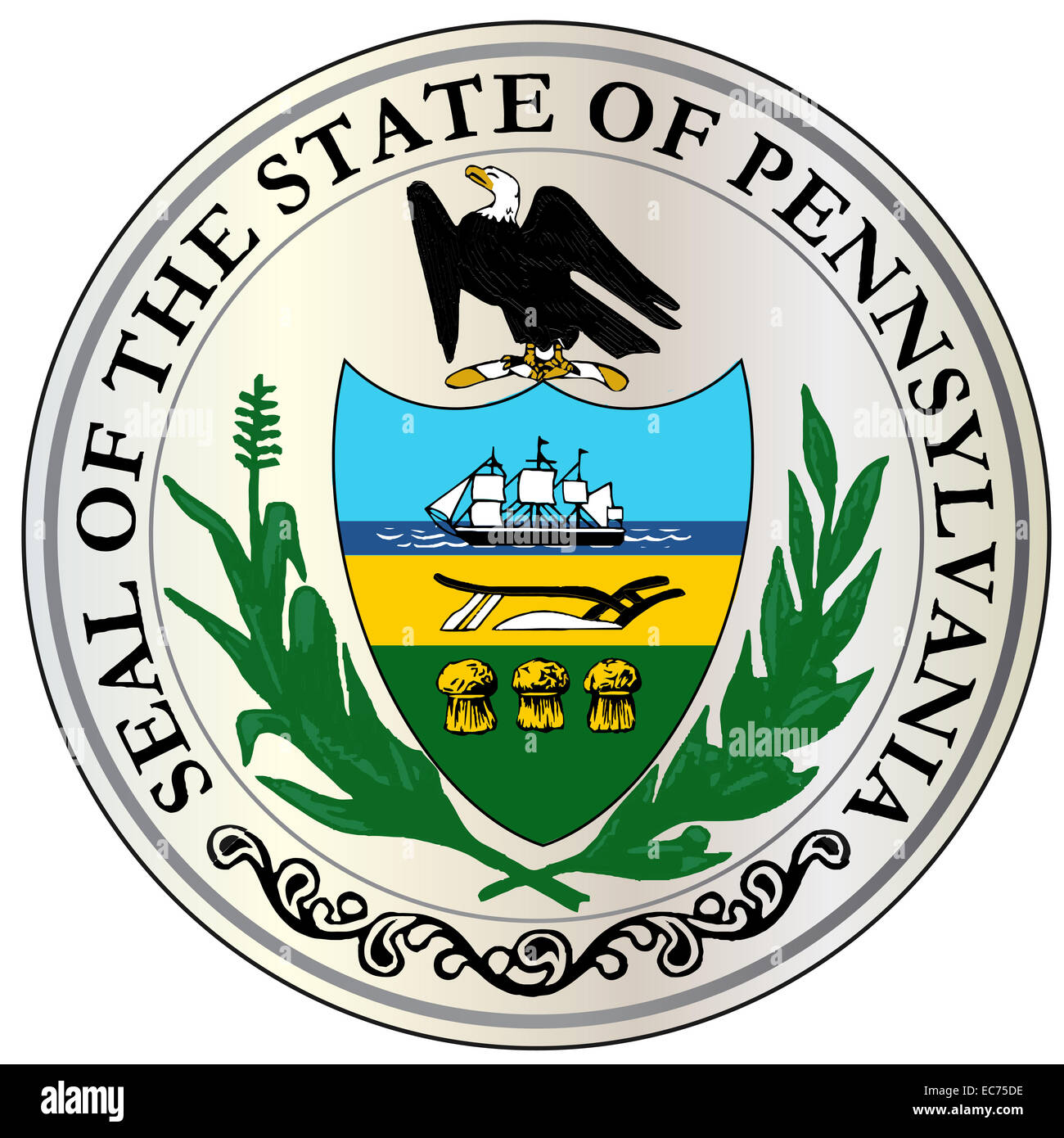 Il grande sigillo degli Stati Uniti nello stato di Pennsylvania su uno sfondo bianco Foto Stock