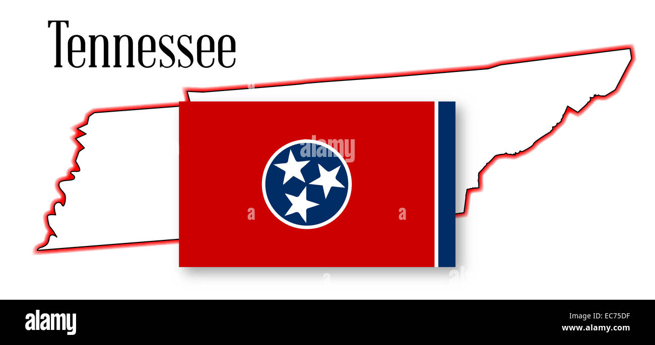 Mappa di stato profilo del Tennessee su uno sfondo bianco con bandiera inset Foto Stock