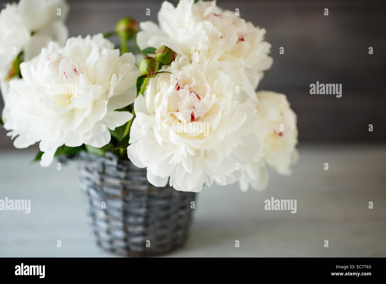 Bel bouquet di peonie bianco e lo sfondo in legno Foto Stock