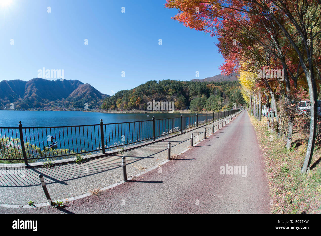 Su strada e sentiero che segue la riva del lago Kawaguchiko, Giappone. Foto Stock
