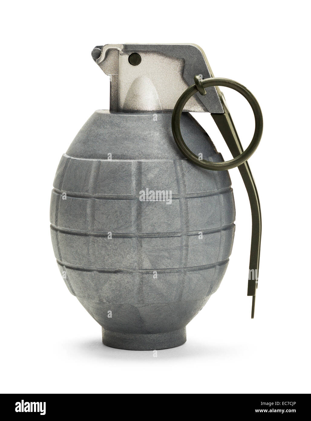 Mano grigia granata con pin isolato su sfondo bianco. Foto Stock