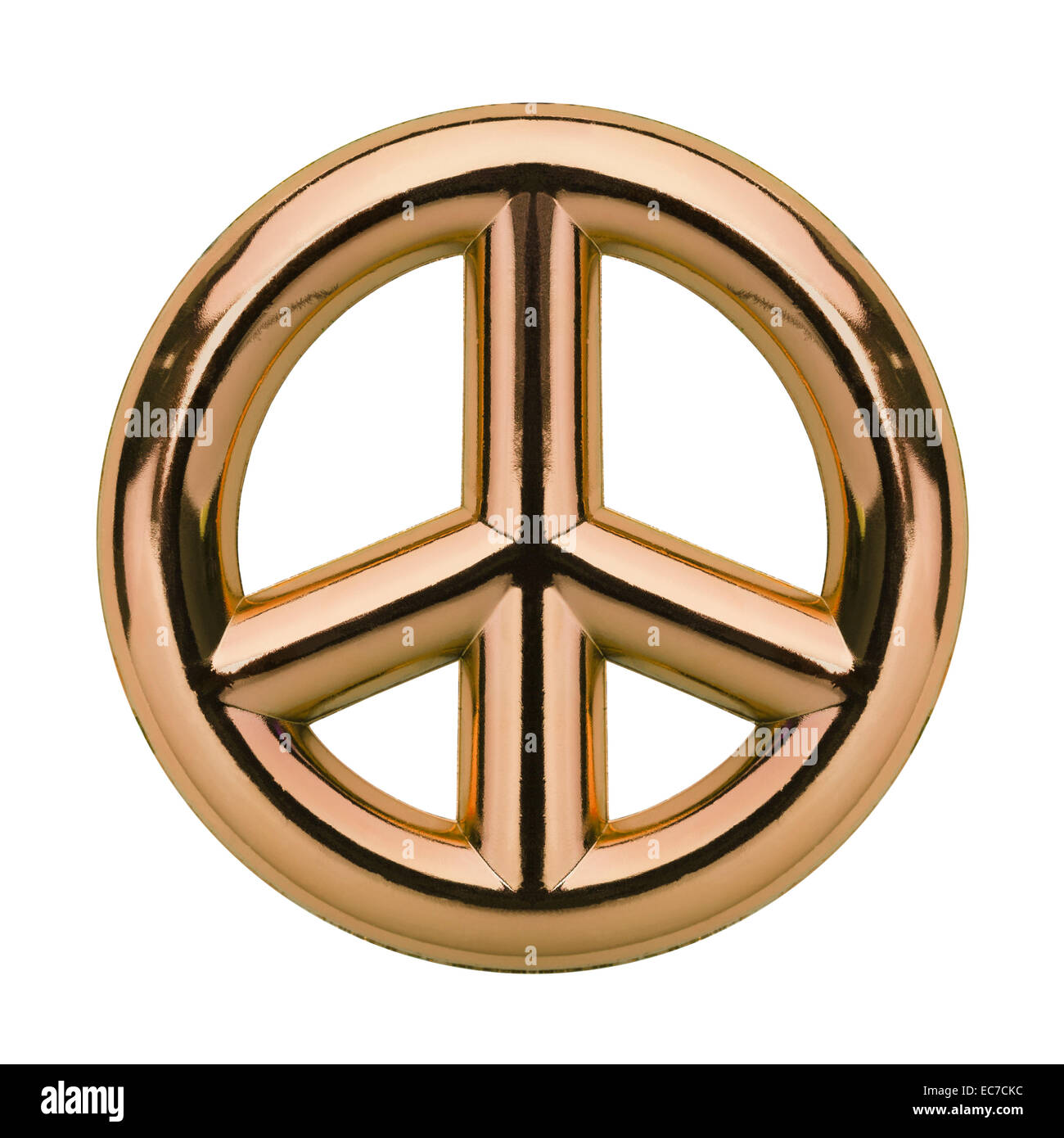 Metallizzate oro simbolo di pace isolato su sfondo bianco. Foto Stock