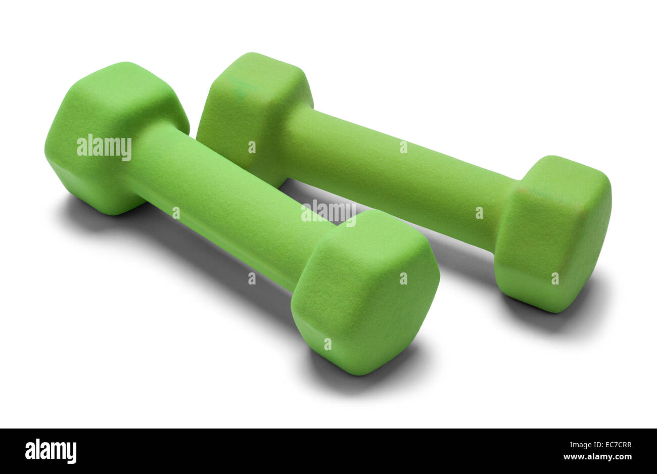 Due pesi a mano lato a lato isolato su sfondo bianco. Foto Stock