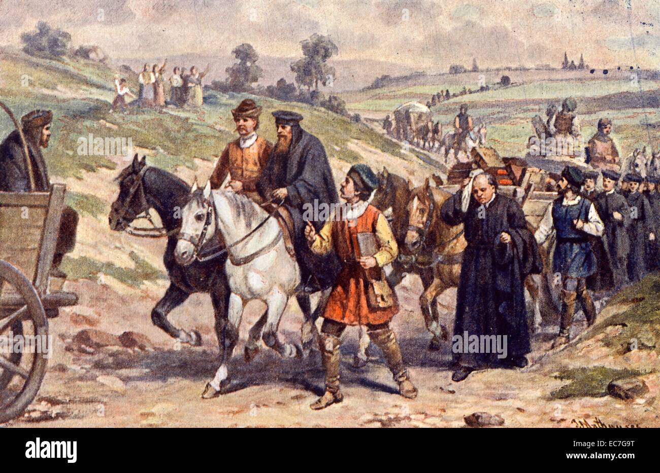 John Amos Comenius conduce gli esuli di Moravian alla Polonia, Leszno. Esilio di Jan Amos Komensky Foto Stock