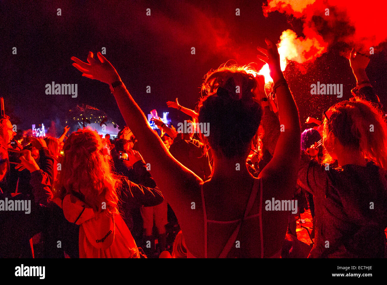 Kasabian eseguendo sulla fase della piramide presso il festival di Glastonbury nel Somerset, Inghilterra. Foto Stock