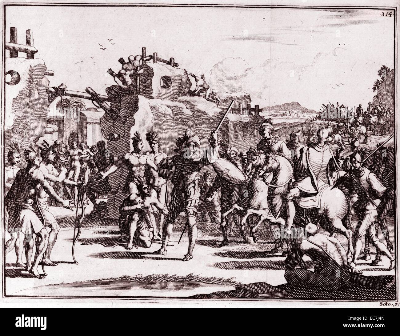 Scoperta di tradimento in Mauvila, 1731. Conosciuta anche come la città di Mabila, la città era una piccola fortezza nel presente-giorno Alabama. Mabila era un Trojan horse-NOZIONE - Capo Tuskaloosa inviato gli invasori spagnoli per Mabila in ordine per fare scorta di forniture, ma all'arrivo degli spagnoli sono stati aggrediti da nascosti guerrieri indiani. Foto Stock