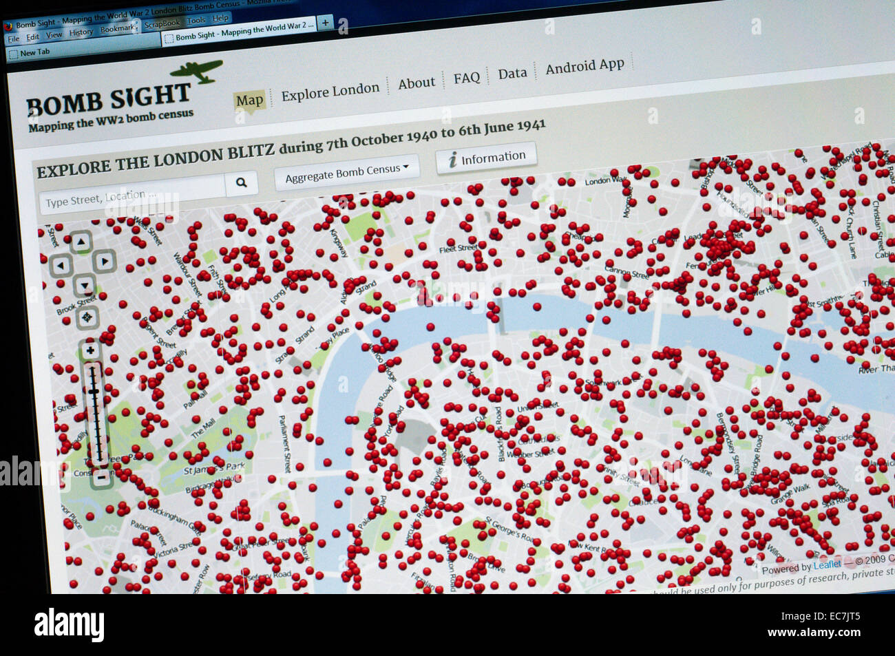 La vista della bomba di web site maps la guerra mondiale due bombe censimento. Foto Stock