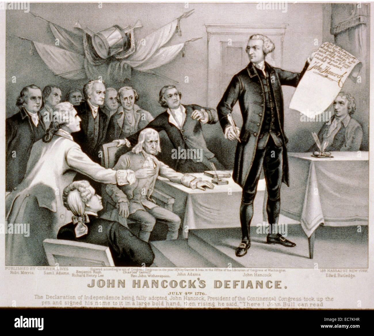 Il John Hancock's defiance il 4 luglio 1776. Ha servito come Presidente del Secondo Congresso continentale ed era il primo e il terzo governatore del Commonwealth of Massachusetts. Egli è ricordato per la sua grande ed elegante la firma sugli Stati Uniti Dichiarazione di Indipendenza. Foto Stock
