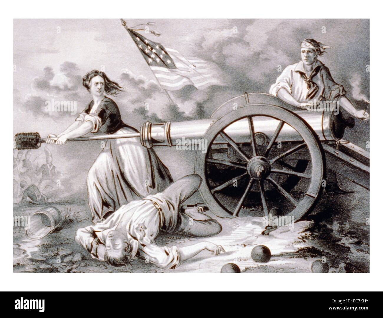 L'eroina sulla Monmouth - Molly Pitcher, 1778. Molly Pitcher usando un rammer su un cannone durante la Battaglia di Monmouth. Suo marito morto giace ai suoi piedi e un soldato si prepara alla luce il fusibile. Sullo sfondo la bandiera americana di mosche. La rivoluzione americana era un rivolgimento politico durante la quale le tredici colonie americane rotto dall'Impero Britannico e formata una nazione indipendente. Foto Stock