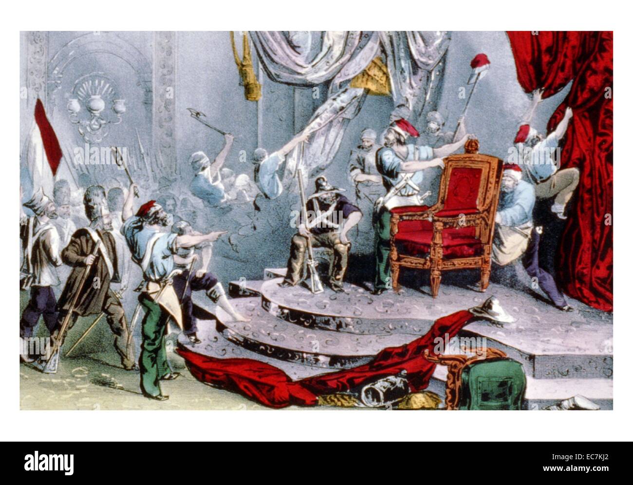 La rivoluzione francese: Scena del trono-sala delle Tuileries, 1848. Il francese Seconda repubblica fu il governo repubblicano della Francia tra la rivoluzione del 1848 e il 1851 il colpo di stato di Louis-Napoléon Bonaparte che ha avviato il Secondo Impero. Foto Stock