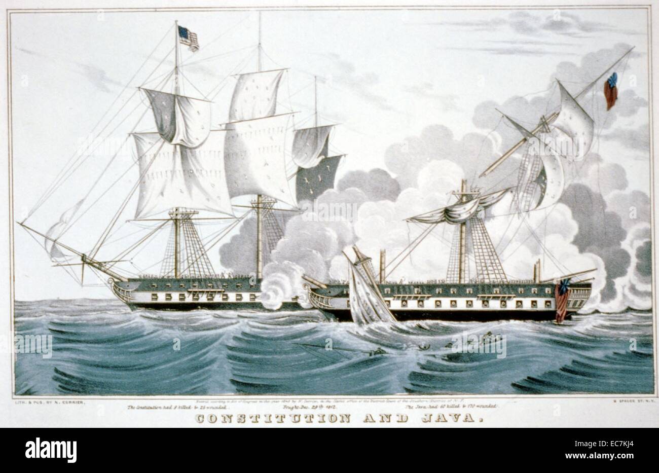 Costituzione e Java. HMS Java è il più famoso per la sua sconfitta nel dicembre 1812 in tre ore di sola nave azione contro la USS Constitution che culminò nella sua cattura. Foto Stock