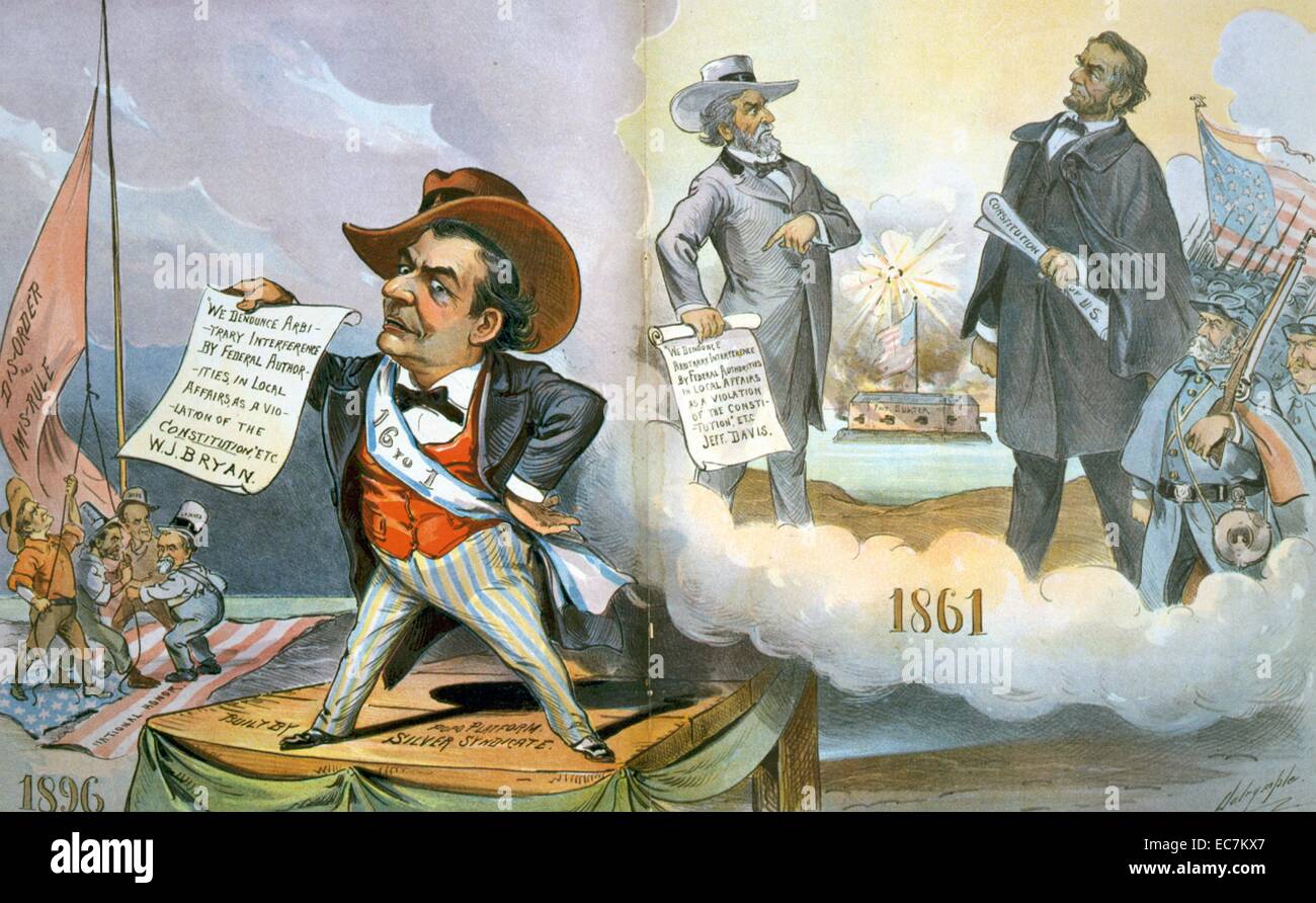 La storia si ripete da Louis Dalrymple (1866-1905). Cartone animato che mostra William J. Bryan rivolta Tillman, Altgeld, Debs e J.P. Jones, che stanno alzando la bandiera, 'dè-ordine e mis-regola'. Accanto a loro Jefferson Davis facce Abraham Lincoln e l'esercito dell'Unione. Foto Stock