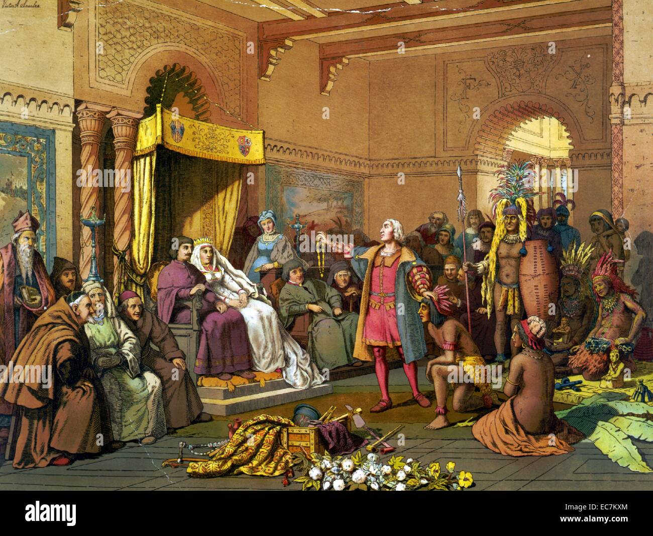 Columbus presso il tribunale di Barcellona. Christopher Columbus in piedi davanti al re e regina di Spagna, presentando gli indiani e i tesori del Nuovo Mondo, 1493. Foto Stock