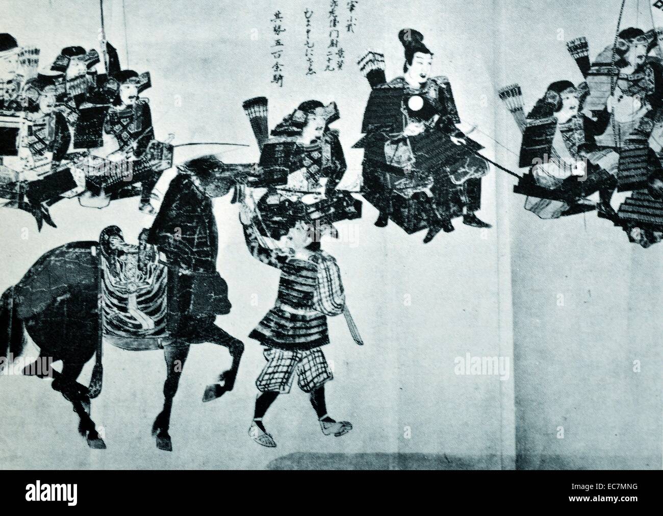 Giapponese warlord Muto Kagesuke si prepara per la battaglia di Kōan durante le invasioni dei Mongoli del Giappone. 1274 Annuncio Foto Stock