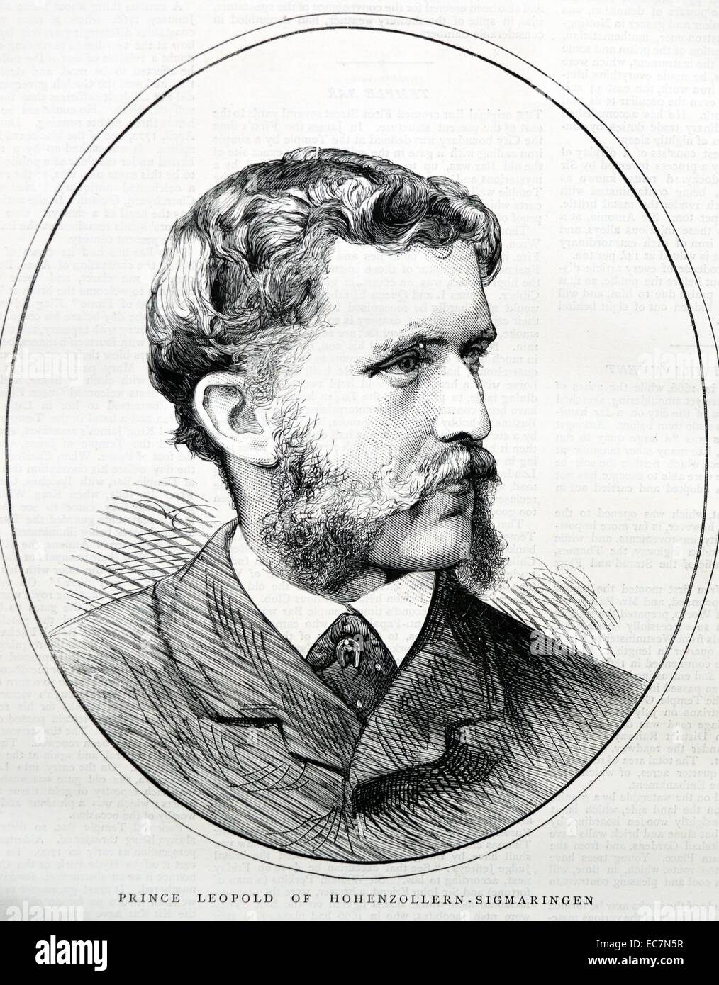 Incisione del Principe Leopoldo di Hohenzollern Sigmaringen (1835 - 1905). Testa del ramo sveva della casa di Hohenzollern, e ha giocato un ruolo fugace nella comunità politica di potere, in connessione con la guerra franco-prussiana. Foto Stock