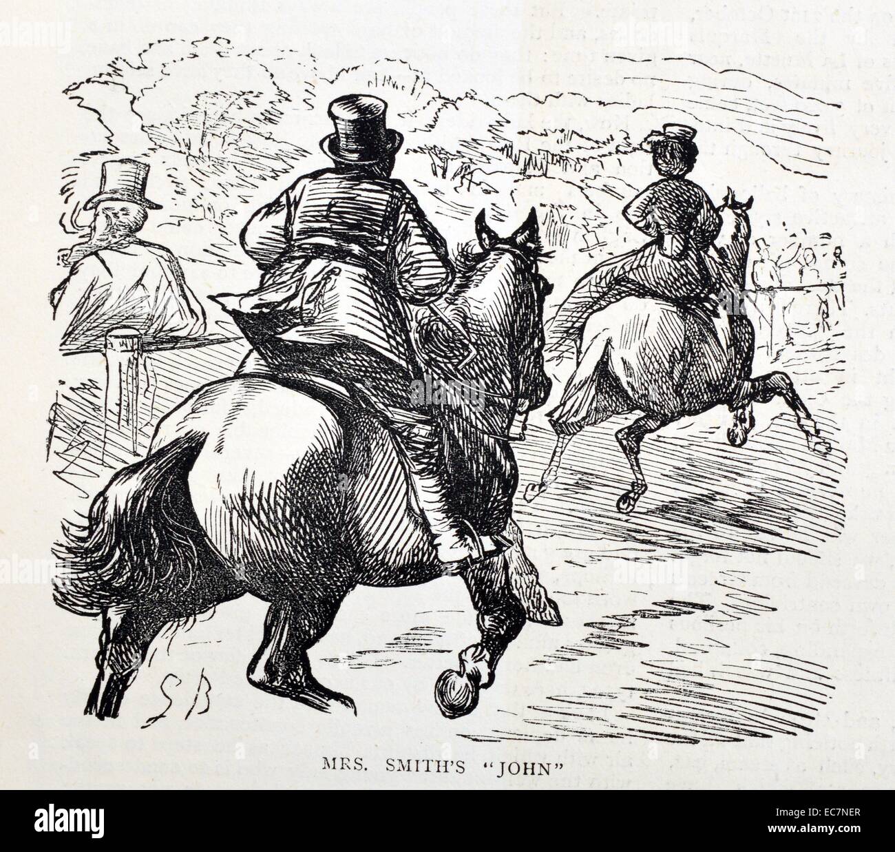 Incisione raffigura un formalmente vestiti donna in sella ad un cavallo davanti ad un uomo. Datata 1870 Foto Stock Incisione raffigura un formalmente vestiti donna in sella ad un cavallo davanti ad un uomo. Datata 1870 Foto Stock