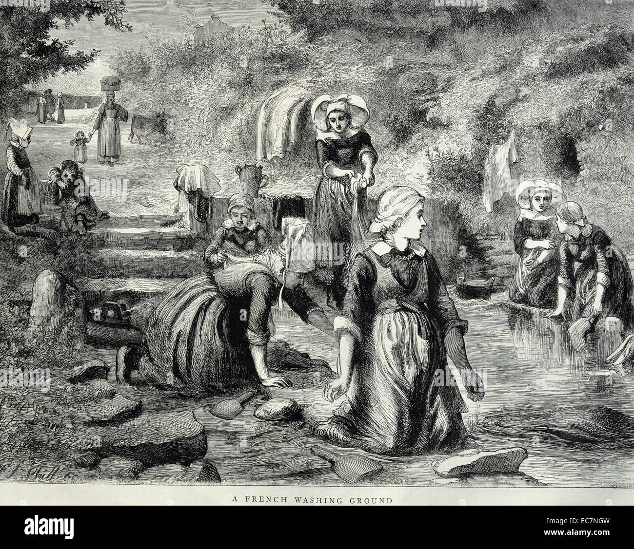 Incisione raffigura un francese di massa di lavaggio in cui le donne e le giovani ragazze lavare i vestiti. Datata 1870 Foto Stock
