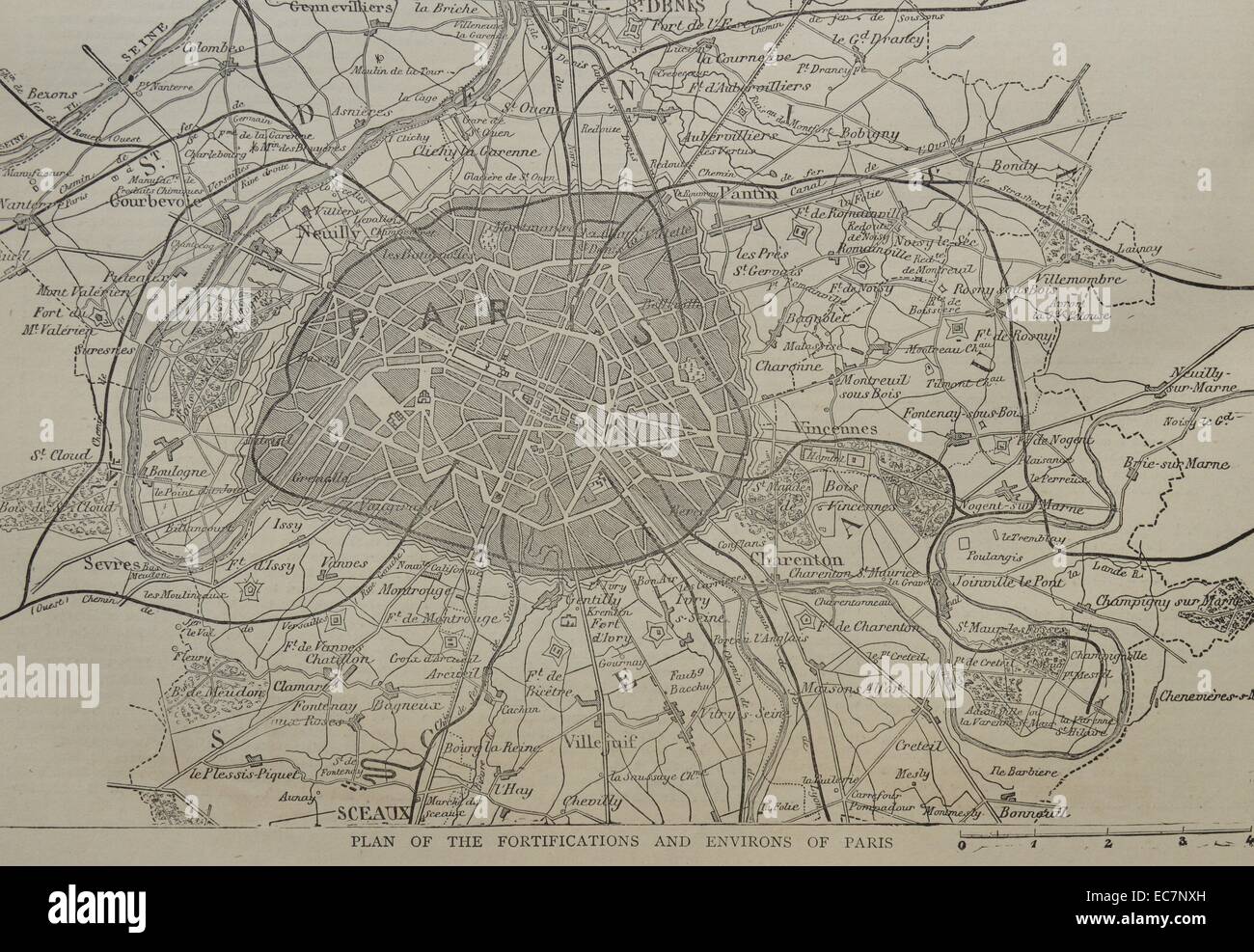 Mappa raffigurante il piano delle fortificazioni e dintorni di Parigi. Datata 1870 Foto Stock