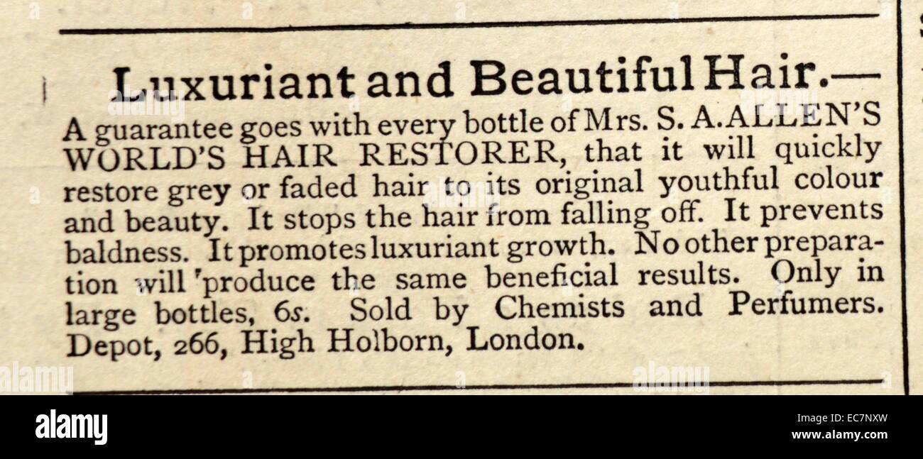 Articolo pubblicità la sig.ra S. A. Allen del mondo restauratore dei capelli. Datata 1870 Foto Stock