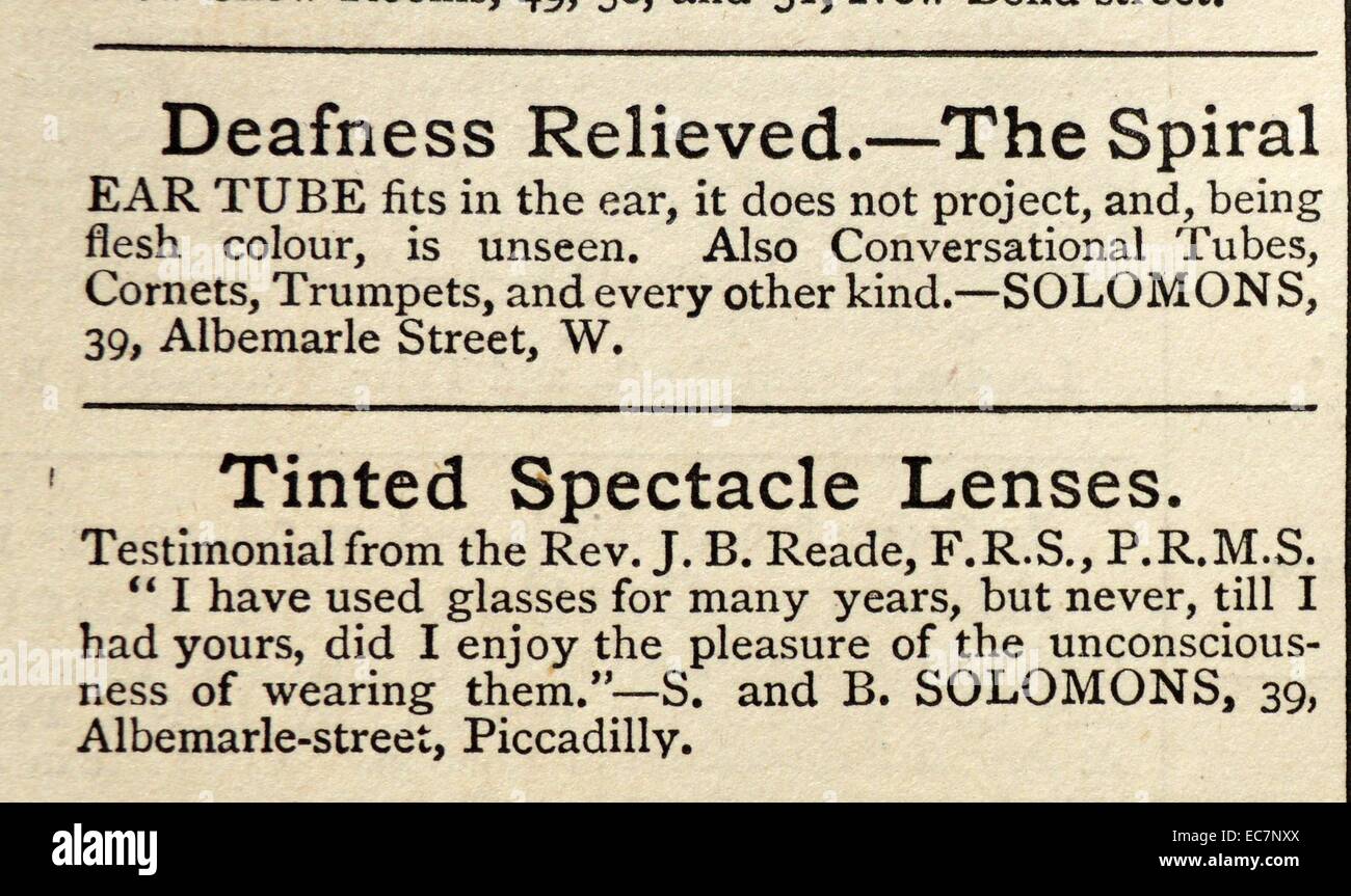 Articolo pubblicità apparecchi acustici e oscurata lenti per occhiali. Datata 1870 Foto Stock